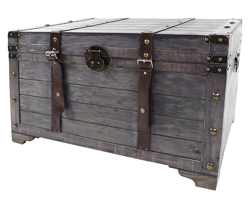 Kobolo Truhe KUBA, 80x45x50 cm, grau, Vintage Holztruhe mit Deckel & Stauraum, rustikale Aufbewahrungstruhe im Schatztruhendesign mit Metall- & Kunstlederapplikationen