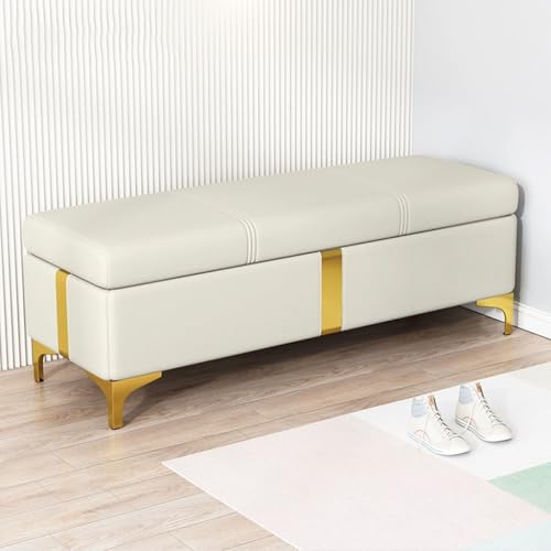 Große Aufbewahrungsbank für Schlafzimmer, gepolsterter Fußhocker mit Hebebügel, Ledertruhe, Beige, 60 cm, perfekt als Nachttisch und Fußstütze