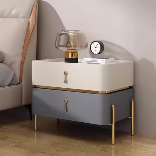 Nachttisch mit Doppelschubladen, Nachttisch mit abgerundeten Ecken, Premium-Ledertruhe für Schlafzimmer und Wohnzimmer, kompaktes 45 cm Design, Grau-Weiß