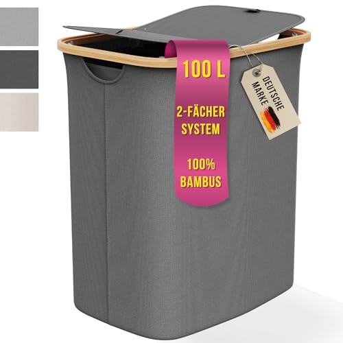 Wäschekorb 2 Fächer mit 2 Deckel 100 Liter Bambus-Stoff Grau Groß - Wäschesortierer Wäschetonne mit Deckel Wäschekörbe Wäschekorbsammler Dunkelgrau Anthrazit Schwarz Laundry Hamper | Celeko Home