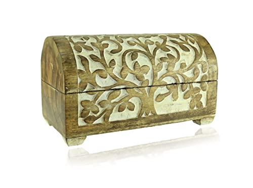 Budawi® Schatzkiste Holzbox Holztruhe aus Mangoholz weiß gekalkt Motiv Baum des Lebens klein Schatulle Holzkiste