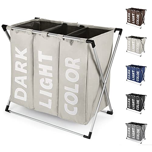 Rieeyrslza Wäschesortierer mit 3 Fächern 102L Oxford-Tuch Wäschesammler Trio Wäschekorb Faltbare Praktische Aufbewahrung Klassifizierung Faltbare Wäschekörbe mit Tragegriffen (Beige o2)