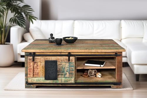 SAM Couchtisch Libro, Mangoholz massiv + bunt, Sofatisch mit Holzschiebetür & 3 offenen Fächern, Türelemente & Reling aus Eisen, 110 x 45 x 70 cm, Shabby Chic