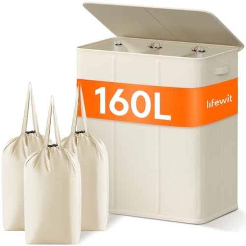 Lifewit 160L Wäschekorb 3 Fächer, Wäschesammler mit Deckel, Wäschekorb Wäschekörbe Groß 3 Abnehmbarem Wäschesack, Laundry Baskets mit Griffen, Waschenkorbe Wäschetonne Wäschesortierer, Weiß