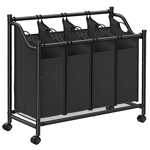 SONGMICS Wäschekorb, Wäschesammler, Wäschesortierer 4 abnehmbaren Stofftaschen, Rollen, Aufbewahrung für Spielzeug, 4 x 35 Liter, schwarz LSF005