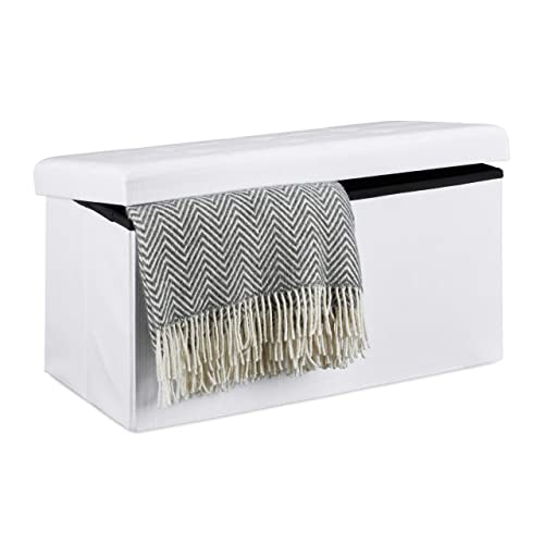 Relaxdays Faltbare Sitzbank XL, mit Stauraum, Sitzcube mit Fußablage, Sitzwürfel als Aufbewahrungsbox, 38x76x38 cm, weiß