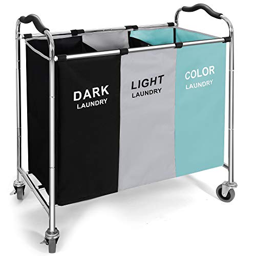 Wäschesortierer, 3 Fächer, 240 l, mit Rollen, 40x76x89 cm, großer Wäschesammler für schmutzige Kleidung, Spielzeug, Handtücher in Waschküche, Schrank-Organizer und Aufbewahrung, Weiß + Schwarz + Grün