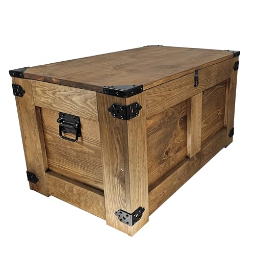 CREATIVE COOPER holzbox, schatztruhe, aufbewahrungsbox, tisch, rustikal truhentisch, couchtisch, spielzeugkiste, 77x49x45 cm, Handarbeit holztruhe, Eco Holzöl Braun…