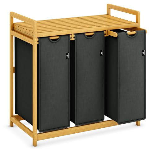 AdelDream Wäschekorb mit Bambusrahmen 150L 3 Fächer Bambus Wäschesammler Wäschebox laundry baskets Bogendesign Wäschesortierer Grau-06-17