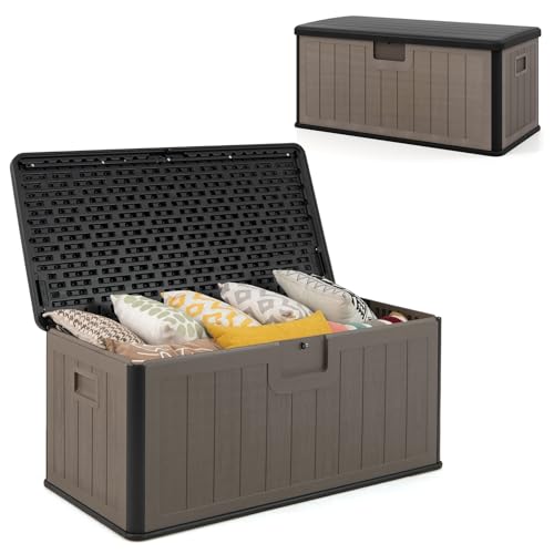 HOMASIS 378L Auflagenbox mit Rollen, XXL Gartenbox aus HDPE wetterfest, abschließbar Aufbewahrungsbox mit Deckel, Kissenbox Kissentruhe Auflagentruhe Gartentruhe, 130 x 64 x 59 cm (Braun+Schwarz)