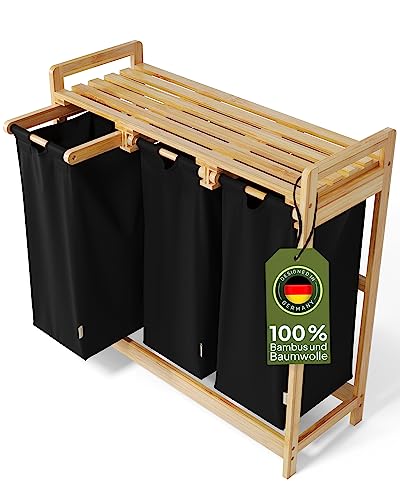 AMBIAVO® Wäschekorb 3 Fächer [schwarz, 100% Baumwolle, Bambus, 90 l Volumen] | Wäschesammler für Schmutzwäsche| Wäsche Sortiersystem | Wäschesortierer Holz | Wäschebox | laundry baskets
