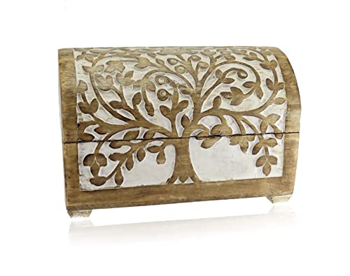Budawi® Holztruhe Holzkiste Holzbox aus Mangoholz Motiv Lebensbaum weiß gekalkt Schatulle Schmuckkästchen groß