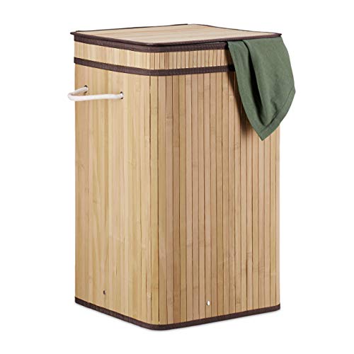 Relaxdays, Natur Wäschekorb Bambus, faltbar & tragbar, XL 70l mit Deckel, eckiger Wäschesammler, HxBxT: 63 x 36 x 36 cm, Stoff, Standard