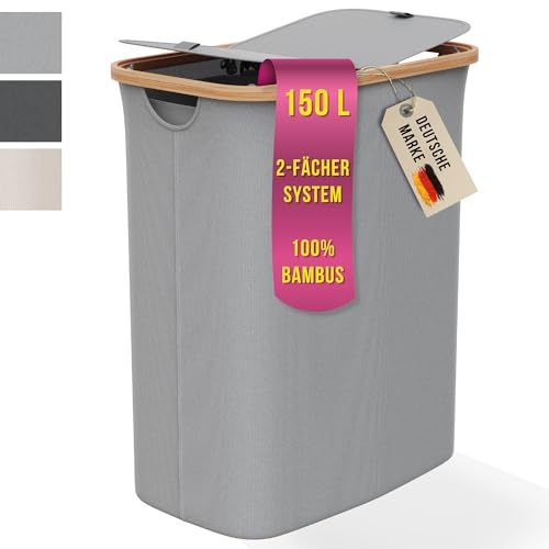 Wäschekorb 2 Fächer mit 2 Deckel 150 Liter Bambus-Stoff Hell Grau Groß - Wäschesortierer Wäschetonne mit Deckel, Wäschekorbsammler Hellgrau Anthrazit Schwarz Laundry Hamper | Celeko Home