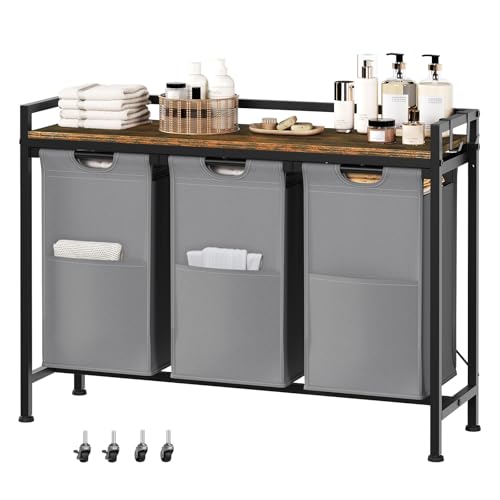 EUGAD Wäschekorb, Wäschesammler ausziehbar abnehmbar, Oxford-Stoff-Wäschesack, 3 x40 L Fächer, Wäschewagen mit Rollen Ablage, Haken, Metallrahmen, Schlafzimmer Waschküche, 97x71x30 cm, Schwarz