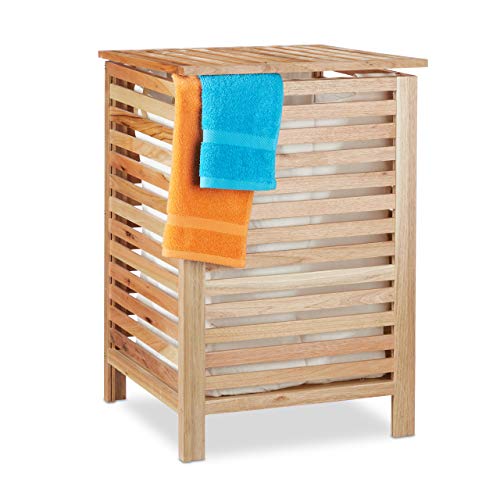 Relaxdays Wäschetruhe Walnuss, eckiger Wäschesammler mit Deckel, 52 l, entnehmbarer Wäschesack, 65,5 x 45 x 45 cm, Natur, 1 Stück