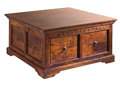 MASSIVMOEBEL24.DE | Oxford Truhe aus Massivholz - Nougat, lackiert | aus Akazienholz | Kolonialstil | 2 aufklappbare Deckeln | 90x90x45cm | Aufbewahrungsbox Holztruhe Sitztruhe