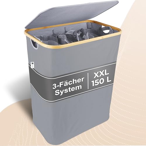Luxpur® Wäschekorb XXL mit Deckel 3 Fächer Wäschesack Bambus Wäsche-Sortier-System Faltbare Wäschebox Wäschesammler Wäschetrenner Wäschetruhe Laundry Basket