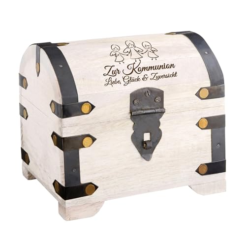 Casa Vivente Weiße Schatztruhe mit Gravur zur Kommunion, Engelsmotiv, Schatzkiste, Deko Holztruhe, Kommunion Geschenk, Geschenke zur Kommunion, Kommunionsgeschenke, Geldgeschenk
