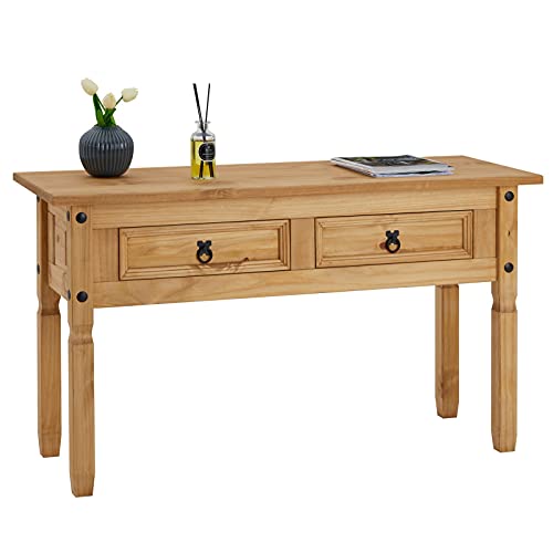 CARO-Möbel Konsolentisch Salsa im Mexiko Stil aus massiver Kiefer Schreibtisch Beistelltisch, gebeizt gewachst mit 2 Schubladen