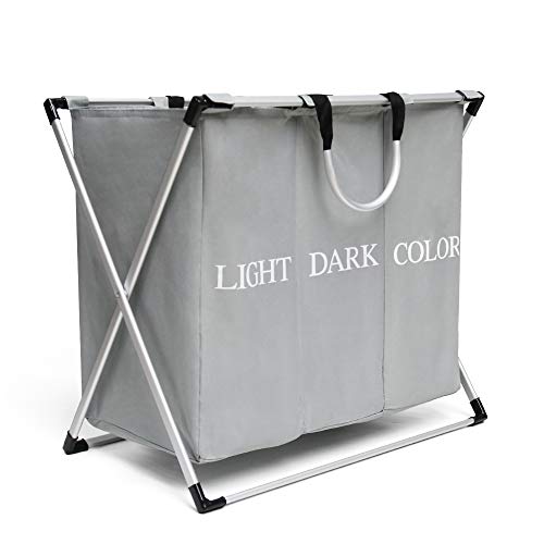 Cosaving Wäschekorb, 3 Fächer, groß, faltbar, Wäschesortierer, Wäschekorb für Schlafzimmer, mit Griff und Aluminiumrahmen zur Aufbewahrung von Kleidung, Grau