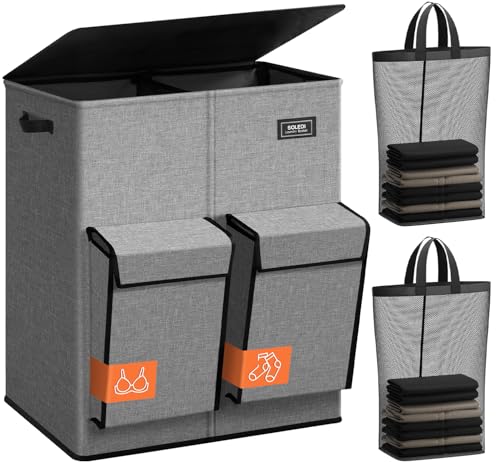 SOLEDI 180L Wäschekorb mit Deckel, Wäschesammler 2 Fächer mit 2 Seitentaschen, Laundr Baskets mit 2 Wäschesack, Wäschesortierer Groß XXXL für Badezimmer, Schlafzimmer, Waschküche