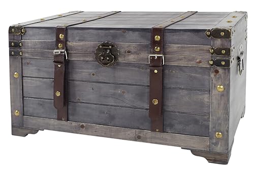 Kobolo Truhe KUBA, 70x35x38 cm, grau, Vintage Holztruhe mit Deckel & Stauraum, rustikale Aufbewahrungstruhe im Schatztruhendesign mit Metall- & Kunstlederapplikationen
