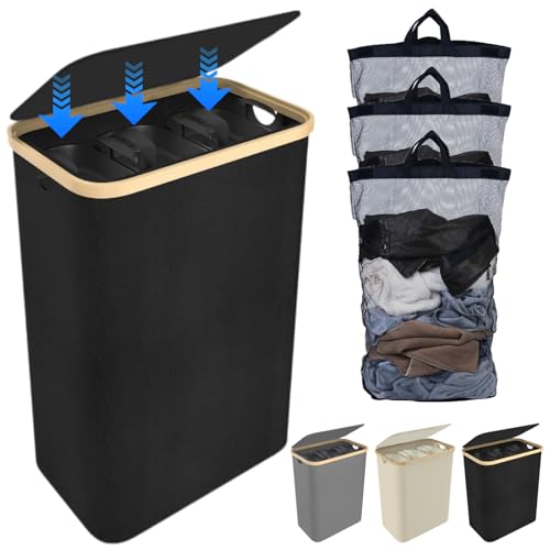 Wäschekorb 3 Fächer mit Deckel Wäschesortierer: Faltbarer Großer Wäschesammler Schmal Wäsche Sortiersystem Bambusgriffen Wäschetrenner Laundry Organizer für Schlafzimmer (Schwarz, 57x37x72cm (156 L))