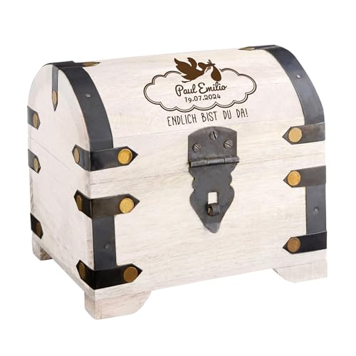Casa Vivente Weiße Schatztruhe mit Gravur zur Geburt, Storch Motiv mit Name und Datum, Personalisierte Schatzkiste, Deko Holztruhe, Geburt Geschenk, Geschenke zur Geburt, Taufgeschenke, Geldgeschenk