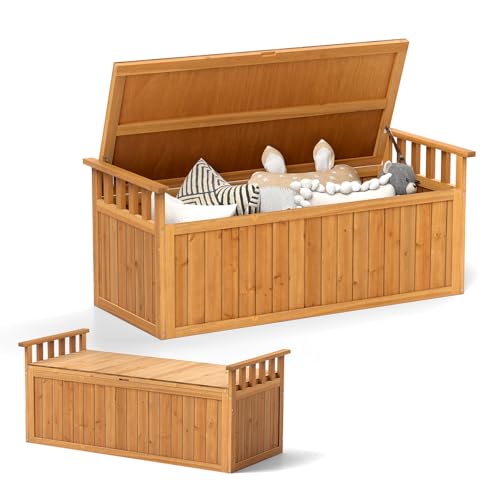 GOPLUS Aufbewahrungsbox & Gartenbank, Sitzbank mit 209L Stauraum & & Seitengriffen, Kissenbox aus Fichtenholz, Truhenbank Gartenbox Auflagenbox für Garten, Terrasse & Veranda, 128 x 58 x 53 cm