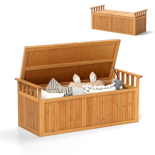 HOMASIS 209L Auflagenbox XXL, Gartenbox aus Fichtenholz, Aufbewahrungsbox mit Deckel & Armlehnen, Gartentruhe Kissenbox, Auflagentruhe Sitzbank mit Stauraum für Garten Balkon (Natur)