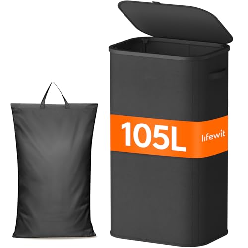 Lifewit Wäschekorb mit Deckel, 105 L Wäschesammler mit Kunststoffrahmen, faltbarer großer Wäschesortierer, Wäschebox Laundry Baskets für Schlafzimmer, Bad, Schwarz