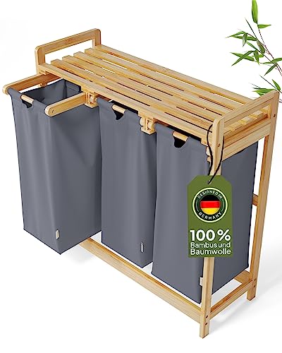AMBIAVO® Wäschekorb 3 Fächer [blaugrau, 100% Baumwolle, Bambus, 90 l Volumen] | Wäschesammler für Schmutzwäsche| Wäsche Sortiersystem | Wäschesortierer Holz | Wäschebox | laundry baskets