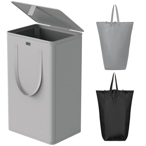 Wowlive Wäschekorb mit Deckel, 100 l, großer faltbarer Wäschekorb mit 2 herausnehmbaren Innensäcken und Griffen, hoch zusammenklappbar, schmutzige Kleidung, Wäschekorb für Waschküche (grau)…