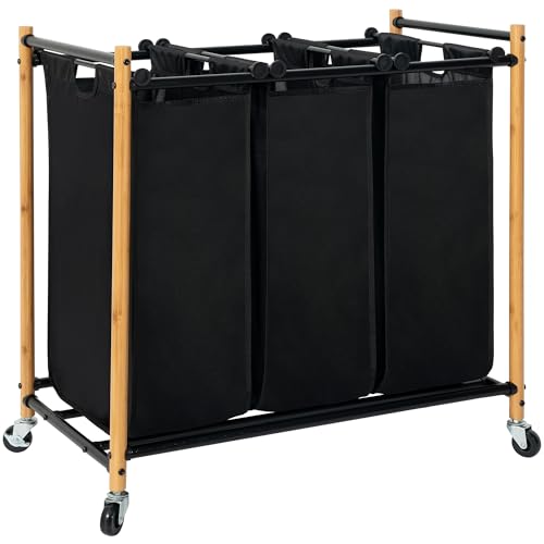 STORAGE MANIAC Wäschesortierer mit 3 Fächern, 3 Taschen, Wäschesammler mit robusten, rollbaren feststellbaren Rädern und abnehmbaren Taschen, Wäschekorb, Kleidertrennkorb, Bambus