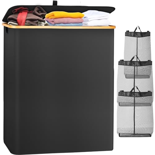 Mejasg 160L Faltbarer Wäschekorb 3 Fächer mit 3 Wäschesack, Laundry Baskets Wäschesammler mit Deckel und Griffen aus Bambus, Wäschebox Wäschetruhe Wäschetonne für Schlafzimmer, Badezimmer, Waschküche