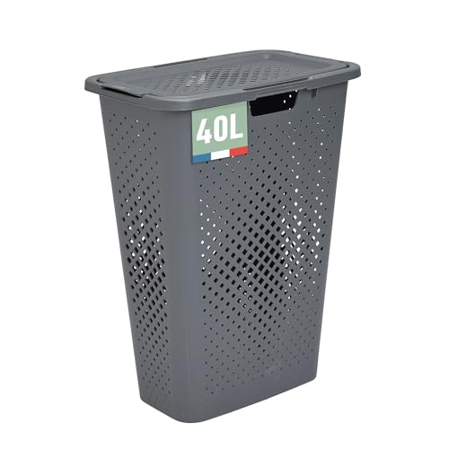SUNDIS Pixel, Wäschekorb mit deckel 40l, aus recyceltem Kunststoff, grau, ideal für kleine Räume, 2 seitliche Griffe und 1 Griff an der Unterseite, Belüftung an allen 4 Seiten