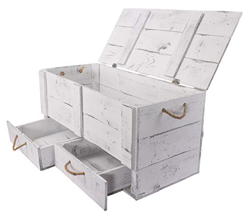 Große Holztruhe mit Deckel und Schubladen 85x39x40cm Hochzeit Schatztruhe Spielzeugkiste Garten Truhe Bank Stauraum Sitztruhe Sitzbank Aufbewahrungstruhe Schlafzimmer, Wohnzimmer (Shabby weiss)