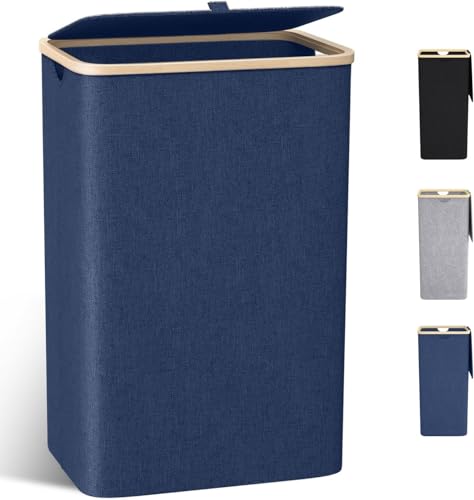 Wäschekorb Deckel Groß, 100L Wäschesammler schmal herausnehmbaren Wäschesack Laundry Baskets Wäscheschrank Wäschetruhe Wäschetonne für Schmutzwäsche Marineblau