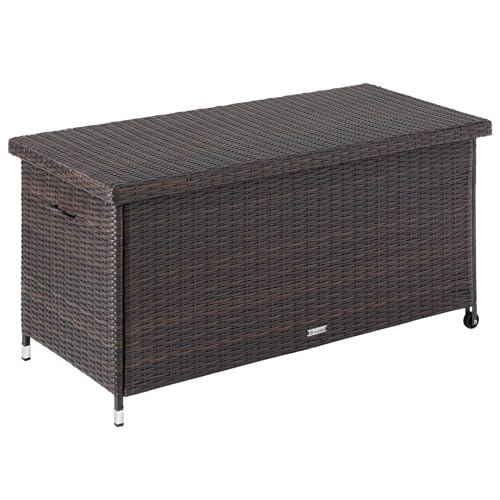 tectake® Poly Rattan Auflagenbox wetterfest, abschließbare Box mit Deckel, outdoor Aufbewahrungskiste mit Innentasche, Kissenbox 270L, rollbar, für Garten, Terrasse, Balkonmöbel - braun