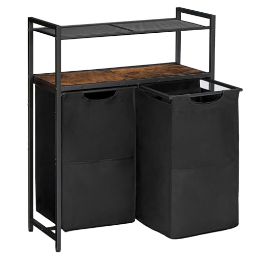 HOOBRO Wäschekorb 2 Fächer, Wäschebox, Wäschesammler mit 2 Ablagen, Wäschewagen, 2 x 49,5 L, verstellbare Füße, für Badezimmer, Waschküche, Vintagebraun-Schwarz EBF73XY01
