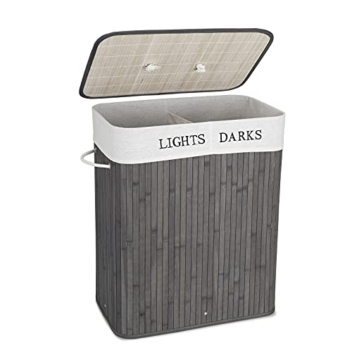 Mondeer 100L Wäschekorb mit Deckel 2 Fächern Bambus Wäschesammler faltbar Wäschebox mit Abnehmbare Wäschesack aus Baumwolle, Grau