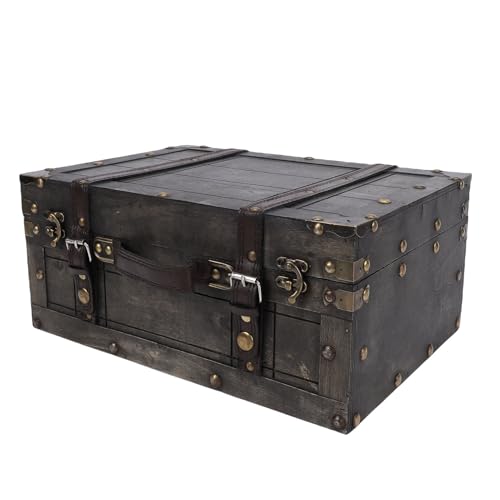 SIXRUN Vintage Storage Truhe, Retro Holzreisekoffer mit PU-Leder Griff und Dekorativen Riemen für Home Decor Schmuckaufbewahrung Fotografie Requisite (Retro Grau Groß)