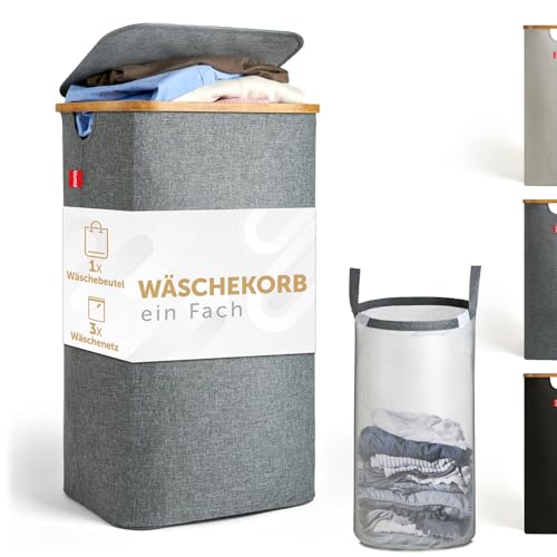 Blumtal Wäschekorb 100L - Wäschesammler mit herausnehmbarem Wäschesack - Wäschekorb schmal - laundry baskets - Pfandflaschensammelbehäl ter mit Deckel in schönem grau - laundry bag