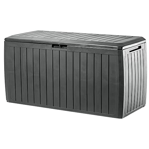 KADAX Gartenkiste, 116,6x47x59,5cm Aufbewahrungsbox aus Kunststoff, 290L Gartentruhe mit Griffen und Verschluss, Gartenbox für Aufbewahrung von Kissen (290 L, Anthrazit)