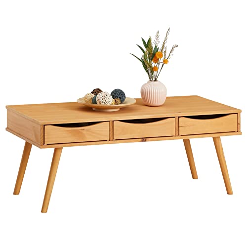 IDIMEX Couchtisch Julie, schöner Wohnzimmertisch mit 3 Schubladen, reizender Beistelltisch im skandinavischen Design, praktischer Sofatisch aus massiver Kiefer gebeizt
