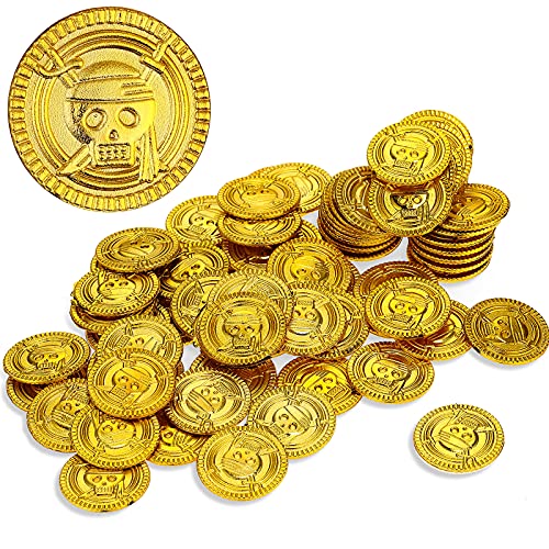 Aoriher 50 Stücke Plastik Münzen Kinder Piraten Münzen Piraten Schatz Gefälschte Münzen Piraten Schatzsuche Truhe Münze für Kinder Piraten Schatzsuche Party Taschen (1 x 1 x 0,07 Zoll, Gold)