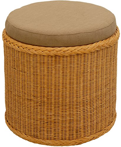 Rattan Wäschekorb mit gepolsterten Sitz / Wäschetruhe Rund in der Farbe Honig - Großer heller Wäschesammler / Sitztruhe aus Natur-Rattan auch perfekt als Badhocker / Sitzhocker