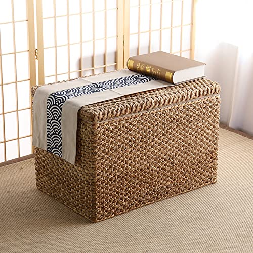 Rattan-Aufbewahrungsbank, Ottomane mit Holz-Fußstütze, Bauernhaus, Korbtruhe für Wohnzimmer, Ende des Bettes, Truhe, 70 x 40 x 45 cm