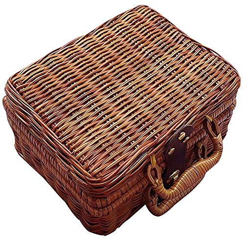 Retro handgewebte rechteckige Wicker Handtasche--Rattan Korb mit Griff--Brown Sommer Wicker Picknick Korb Rattan Lagerung Box Reise Koffer--Picknick Aufbewahrungsbox (21 × 17 × 11cm)